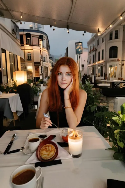 wo_heidi02, 19 years old, small breasts, sitting, beautiful face, sleeveless red turtleneck, fine restaurant, <lora:woHeidi02:1>