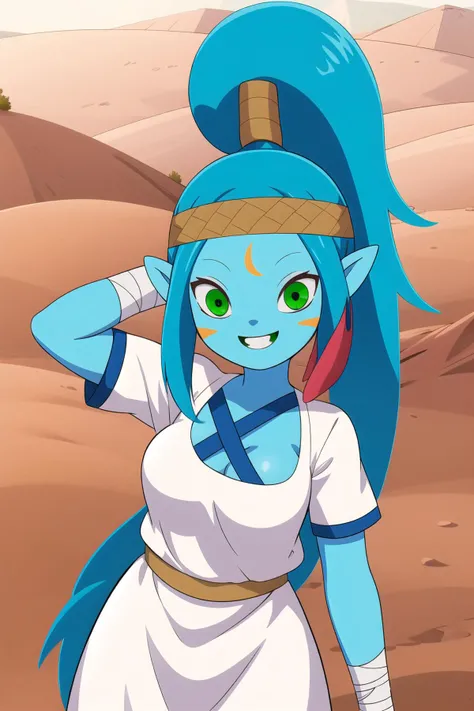 <lora:Canyon_Adventure_Time-06:0.8>, 1girl, solo, long hair, smile, upper body, green eyes, blue hair, pointy ears, colored skin, sandals, facial mark, bandages, forehead mark, desert, ponytail, very long hair, short sleeves, white dress, short dress, blue skin, medium breasts,