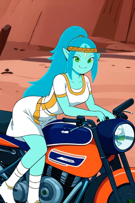 <lora:Canyon_Adventure_Time-06:0.9>, 1girl, solo, long hair, smile, sitting, green eyes, blue hair, pointy ears, colored skin, upper body, facial mark, bandages, ground vehicle, motor vehicle, forehead mark, motorcycle, desert, ponytail, very long hair, short sleeves, white dress, short dress, blue skin,
