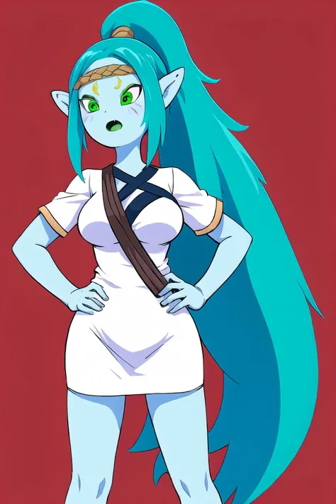 1girl, solo, GTS, long hair, completely nude, very long hair, blue hair, standing, choker, fingerless gloves, boots, headband, pointy ears, backpack, colored skin, pussy, blue skin, flat color, desert, medium breasts