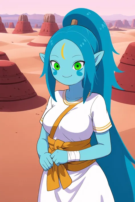 <lora:Canyon_Adventure_Time-06:0.8>, 1girl, solo, long hair, smile, upper body, green eyes, blue hair, pointy ears, colored skin, sandals, facial mark, bandages, forehead mark, desert, ponytail, very long hair, short sleeves, white dress, short dress, blue skin, medium breasts,
