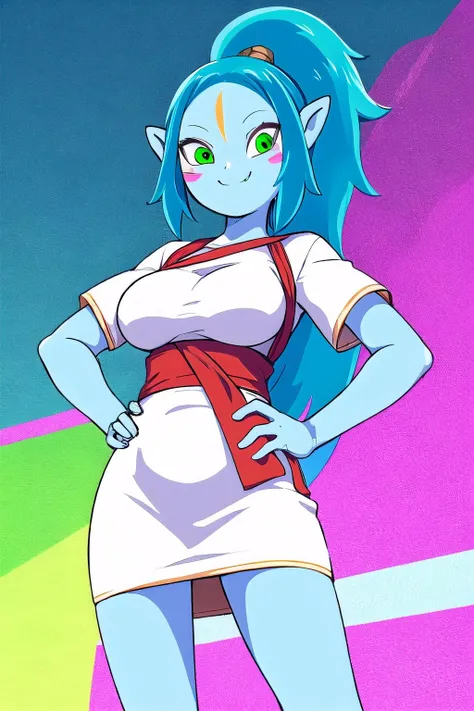 <lora:Canyon_Adventure_Time-06:0.9>, 1girl, solo, long hair, breasts, closed mouth, smile, dress, medium breasts, very long hair, green eyes, blue hair, ponytail, short sleeves, pointy ears, fang, white dress, hand on hip, colored skin, facial mark, short dress, blue skin, mature female,