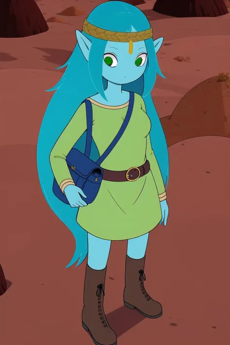 1girl, solo, GTS, long hair, completely nude, very long hair, blue hair, standing, fingerless gloves, boots, headband, pointy ears, messenger bag, colored skin, pussy, blue skin, flat color, desert, medium breasts