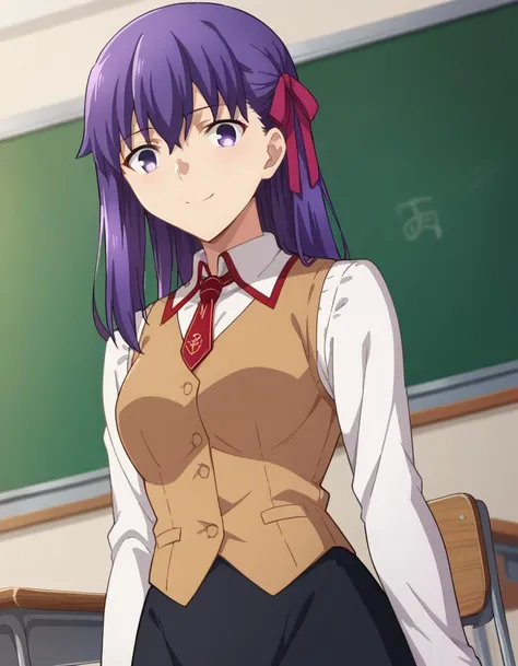 score_9, score_8_up, score_7_up, source_anime,
sakuramatou, <lora:sakura-matou-hf-ponyxl-lora-nochekaiser:1>,
sakura matou, long hair, purple eyes, purple hair, ribbon, hair ribbon, red ribbon, smile,
shirt, white shirt, collared shirt, long sleeves, neckertie, red neckertie, vest, light brown vest, skirt, black skirt,
indoors, classroom,
looking at viewer, dutch angle, cowboy shot,