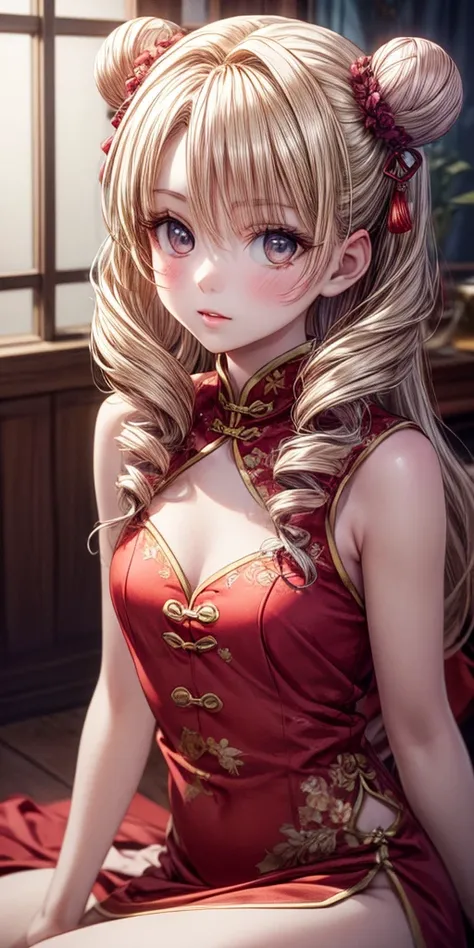 (masterpiece,ultra-detailed,best quality,8K,CG,realistic,illustration:1.2),(perfect-composition,detailed beautiful face,Clean skin,photographical skin,shiny skin,shiny hair, photographical hair,ultra detailed eyes,shaved,kawaii,uncensored:1.1),<lora:add_detail:1.8>, (petite girl:1.4) ,long hair,<lora:tenjouin_saki_v1:0.6> long hair, blonde hair, double bun, drill hair, brown eyes, chinese dress