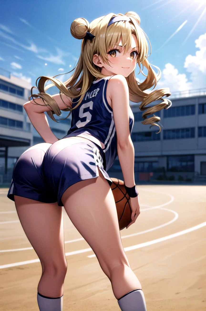 (masterpiece, best quality, detailed), 1girl, solo, looking at viewer, long hair, blonde hair, double bun, drill hair, brown eyes,
basketball jersey, shorts, sweatband, headband, wristband, basketball, <lora:school_yard_v0.1:1>, school yard, field, bent over, from behind, legs together, arm support, looking back, ass grab, smile, closed mouth, smug