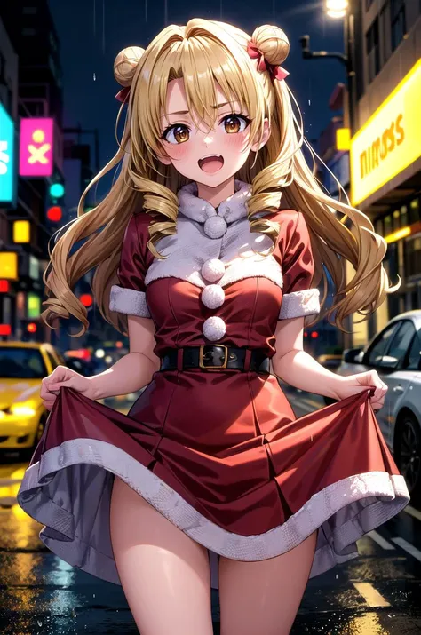 (masterpiece, best quality, detailed), 1girl, solo, looking at viewer, long hair, blonde hair, double bun, drill hair, brown eyes,
<lora:hot_christmas:0.9>, hot christmas, red dress, fur trim, outdoors, cyberpunk, city, night, city lights, neon lights, car, rain, skirt lift, smile, open mouth, embarrassed, blush