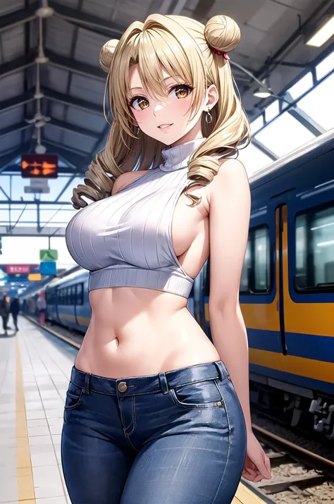 (masterpiece, best quality, detailed), 1girl, solo, looking at viewer, long hair, blonde hair, double bun, drill hair, brown eyes,
turtleneck sweater, earrings, midriff, groin, halterneck, sideboob, jeans, indoors, train station, people, scenery, arms behind back, smile, parted lips