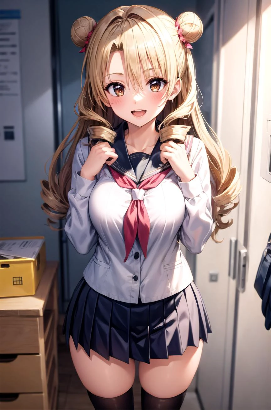 (masterpiece, best quality, detailed), 1girl, solo, looking at viewer, long hair, blonde hair, double bun, drill hair, brown eyes,
school uniform, pleated skirt, neckerchief, kneehighs, miniskirt, locker room, locker, indoors, bench, <lora:breasts_squeezed_together_v0.2:1> breasts squeezed together, hands on own chest, embarrassed, seductive smile, blush, smile, open mouth