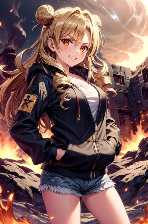 (masterpiece, best quality, detailed), 1girl, solo, looking at viewer, long hair, blonde hair, double bun, drill hair, brown eyes,
<lora:ExoMagmaTech:0.9>, exomagmatech, lava made, translucent, glowing eyes, (short shorts, black jacket, open jacket, tube top:0.7), desert, sand, dust, sun, hands in pockets, grin, v-shaped eyebrows