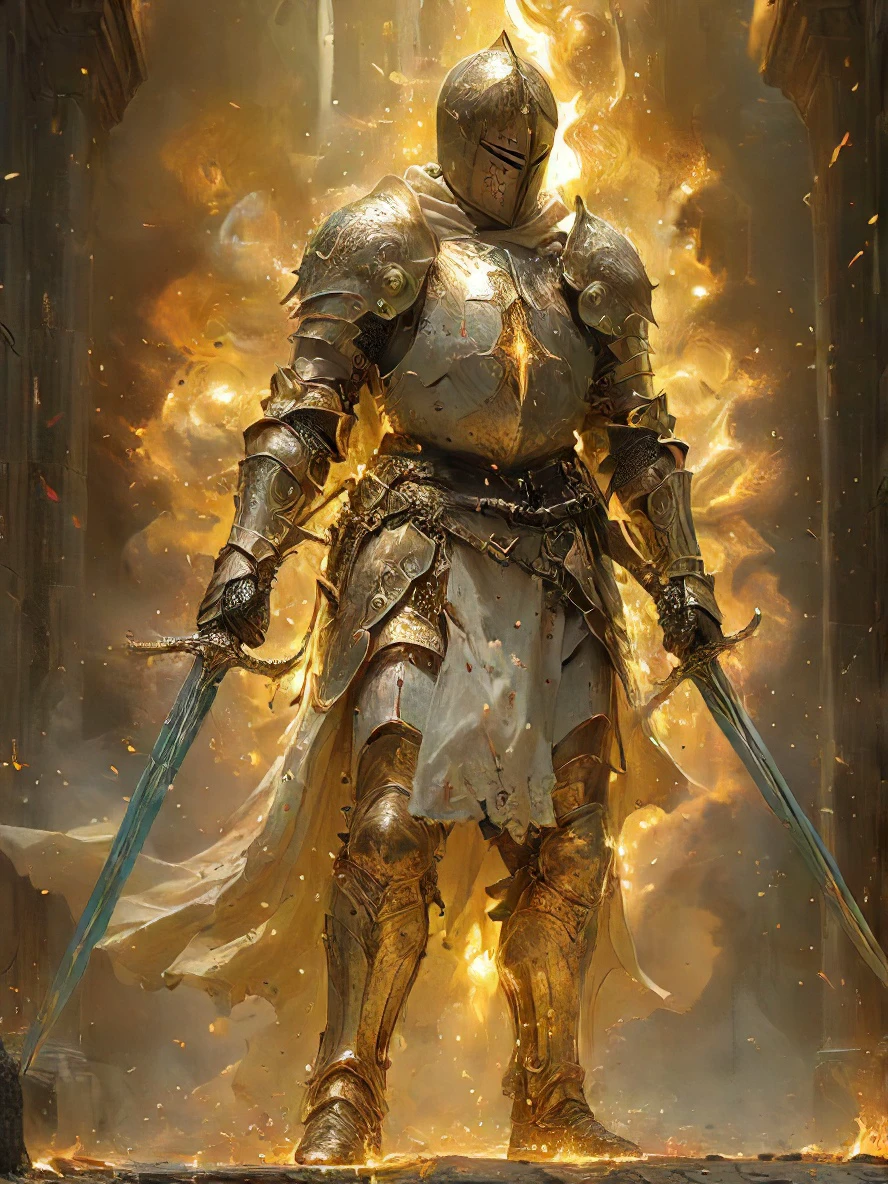 an cinematic shot of a Templar Knight wearing golden shiny reflective armor, (soul leaving the body, in the style of ethereal light effects, golden fire, wielding dual swords:1.2), soul knight, soul effects, souls in background, dark souls, art by Gustave Dore and Leonardo da Vinci and Raphael and Random Painter and Greg Rutkowski and Roberto Ferri, style by fusion of Renaissance and Baroque and Neoclassicism, epic spring landscape with sunset cloudscape, (cowboy shot), elaborate classic oil painting, highly aesthetic artistic masterpiece, sharp intricate details, dreamy and ethereal, realism combined with symbolism, dreamlike and surreal, perfect portrait pose and composition