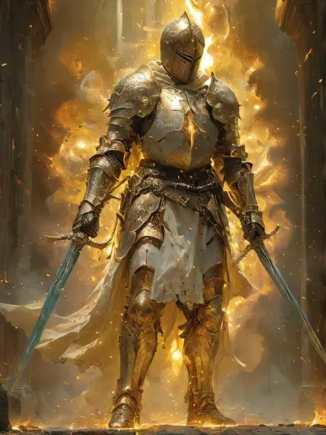 an cinematic shot of a Templar Knight wearing golden shiny reflective armor, (soul leaving the body, in the style of ethereal light effects, golden fire, wielding dual swords:1.2), soul knight, soul effects, souls in background, dark souls, art by Gustave Dore and Leonardo da Vinci and Raphael and Random Painter and Greg Rutkowski and Roberto Ferri, style by fusion of Renaissance and Baroque and Neoclassicism, epic spring landscape with sunset cloudscape, (cowboy shot), elaborate classic oil painting, highly aesthetic artistic masterpiece, sharp intricate details, dreamy and ethereal, realism combined with symbolism, dreamlike and surreal, perfect portrait pose and composition