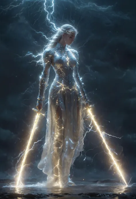 A magic sword knight,composed of elements of thunder,thunder,electricity,His form is barely tangible,with a soft glow emanating from his gentle contours,The surroundings subtly distort through her ethereal presence,casting a dreamlike ambiance,<lora:é·åç´ -ç¹æ [SDXLç½æ£±Lora]_v1.0>,<lora:ç²å­æ°´è±XL:0.2>,<lora:XL_Weapon_Dual_Swords_-_By_HailoKnight:0.4>,white lightning,Surrounded by thunder and lightning elemental magic,(Tiny arcs of electricity flickered on the ground and in the air:1.1),