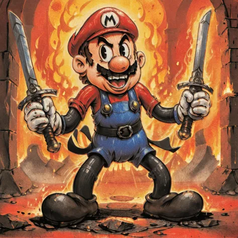 rubberhose style illustration of psycho Mario wielding dual swords, full body, making a silly face laughing , (huge eyes:1.1), fire dungeon background. <lora:Wizards_Vintage_Rubber_Hose__1930s_Animation_Style:1.0> <lora:XL_Weapon_Dual_Swords_-_By_HailoKnight:0.6>
