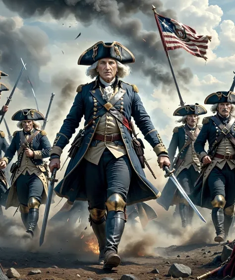 <lora:American Revolutionary War style:0.7>, American Revolutionary War style, cinematic action shot of General standing in front of his men, detailed face, (facing the viewer:1.2), (wielding his dual swords:1.3), cloudy battlefield standing on a hill, smoke, canons, row of men, weapons, rifles, bayonets, military, drums, trumpet, waving flag, 8k, UHD, DSLR, insane details, award-winning photo, <lora:XL_Weapon_Dual_Swords_-_By_HailoKnight:0.5>, frontal view from angle below, <lora:WildcardX-XL-Detail-Enhancer:0.5>, <lora:d\EnvyActionShotXL01:0.5>