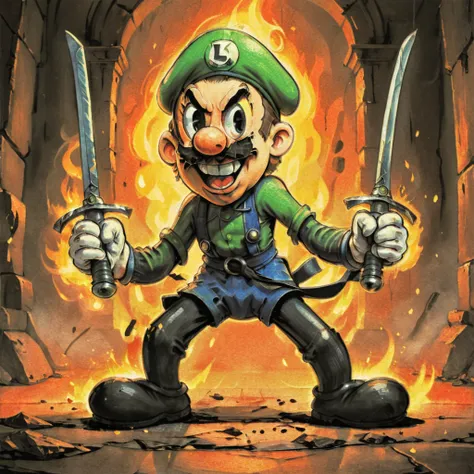 rubberhose style illustration of psycho Luigi wielding dual swords, full body, making a silly face  laughing , (huge eyes:1.1), fire dungeon background. <lora:Wizards_Vintage_Rubber_Hose__1930s_Animation_Style:1.0> <lora:XL_Weapon_Dual_Swords_-_By_HailoKnight:0.6>