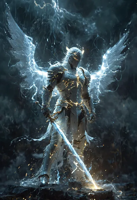 A magic sword knight,wings of the archangel,composed of elements of thunder,thunder,electricity,His form is barely tangible,(with a soft glow emanating from his gentle contours:1.2),The surroundings subtly distort through her ethereal presence,casting a dreamlike ambiance,<lora:XL_Weapon_Dual_Swords_-_By_HailoKnight:0.3>,white lightning,(Surrounded by thunder and lightning elemental magic:1.3),<lora:sdxl_++:0.5>,<lora:xl_shanbailing_0927lightning:0.3>,