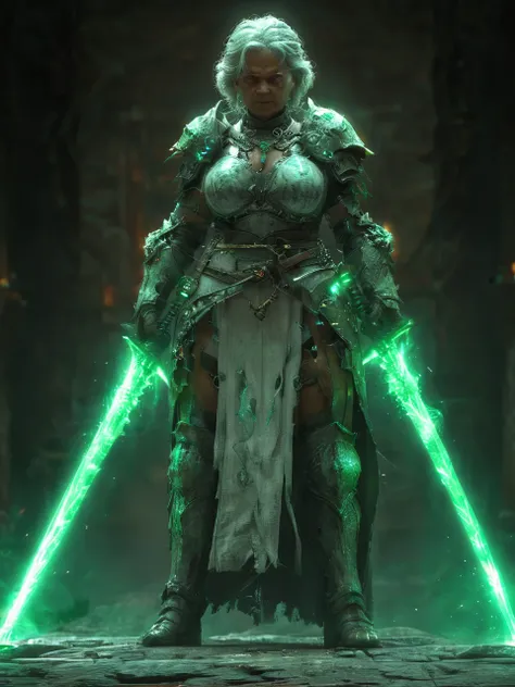 cinematic side lighting, full body, very dark highpoly 3D render of an angry grandma <lora:XLAddDetail:0.7>. wielding glowing green toxic dual swords <lora:XL_Weapon_Dual_Swords_-_By_HailoKnight:1.0>. Guild Wars 2 Warrior, smoke aura