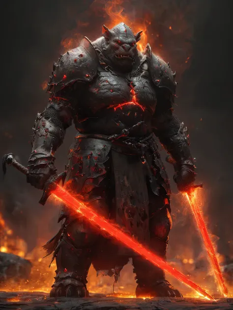 cinematic side lighting, full body, very dark highpoly 3D render of a tall ogre  <lora:XLAddDetail:0.7>. wielding glowing red fire dual swords <lora:XL_Weapon_Dual_Swords_-_By_HailoKnight:1.0>. Guild Wars 2 Warrior, smoke aura