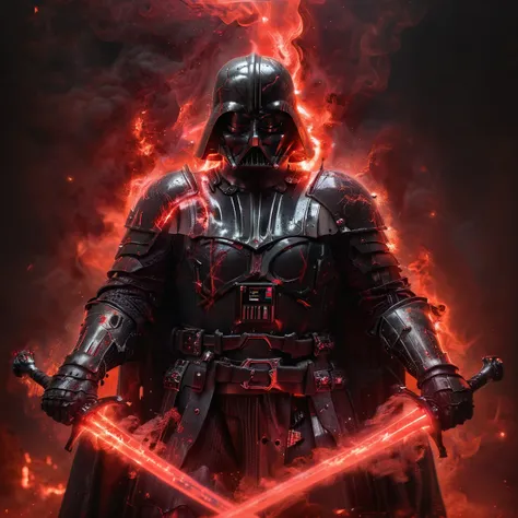 Very dark photo of Darth Vader wielding dual swords <lora:XL_Weapon_Dual_Swords_-_By_HailoKnight:1> <lora:XLAddDetail:1>. Red smoke aura
