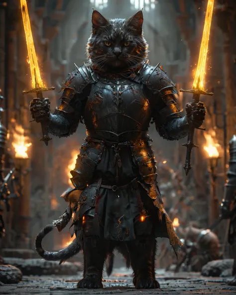 cinematic side lighting, full body, very dark photo medieval anthro cat knight, <lora:XLAddDetail:0.7>. (arms up cheering:1.2), [:wielding flaming fire (dual swords:1.1) in the air <lora:XL_Weapon_Dual_Swords_-_By_HailoKnight:1.0>:0.25]