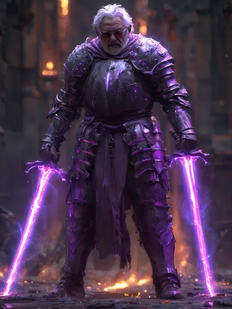 cinematic side lighting, full body, very dark highpoly 3D render of an angry grandpa wearing a plate armor, <lora:XLAddDetail:0.7>. wielding glowing purple energy dual swords <lora:XL_Weapon_Dual_Swords_-_By_HailoKnight:1.0>. Guild Wars 2 Warrior, smoke aura