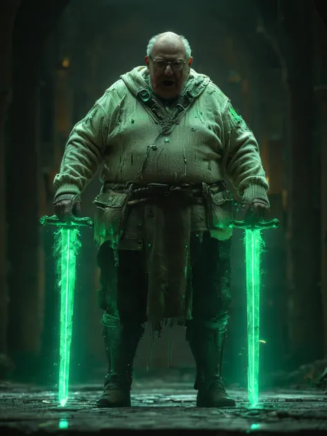 cinematic side lighting, full body, very dark photo of a very old short wrinkly grandpa in sweater screaming bald glasses (morbidly obese:1.3), <lora:XLAddDetail:0.7>. wielding glowing green toxic waste dual swords <lora:XL_Weapon_Dual_Swords_-_By_HailoKnight:1.0>
