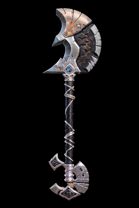 best quality, Trending on Artstation, masterpiece, Game Art of a big axe, <lora:Pecha_Swords_LORA_V1.6:0.7>, legendary, earth theme, long , (axe, silver and black, thick grip:1.4), (big solid bold head top:1.1), sand and rock aura, big and tough, harcule, godlike, (black background)