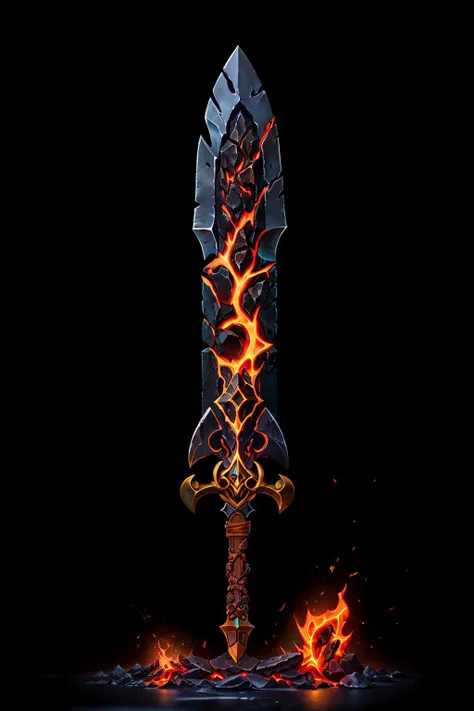 Game Art of sword,  <lora:Pecha_Swords_LORA_V1.6:0.8>, best quality, Trending on Artstation, masterpiece, hell, legendary, black and gold, villain sword, thick sword, volcano theme, (long blade), broadsword grip, big solid cross bottom, molten magma