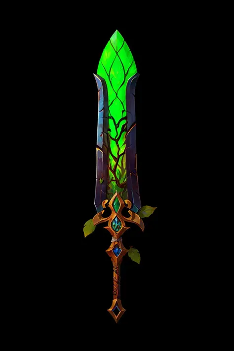 Game Art of sword, <lora:Pecha_Swords_LORA_V1.6:0.8>, best quality, Trending on Artstation, masterpiece, hell, legendary, green and brown, long sword, thick sword, forest theme, (long blade), broadsword grip, big solid cross bottom, leaves and wind aura