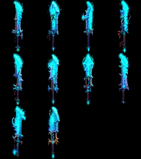Game Art of cleaver in Painting Comix art style, <lora:Pecha_Swords_LORA_V1.4:0.8>, best quality, Trending on Artstation, masterpiece, blue magical glowing blade, glowing enchantment, BoneyardAI handle, <lora:BoneyardAI:0.4>