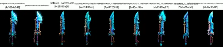 Game Art of cleaver in Painting Comix art style, <lora:Pecha_Swords_LORA_V1.4:0.8>, best quality, Trending on Artstation, masterpiece, blue magical blade, BoneyardAI handle, <lora:BoneyardAI:0.4>