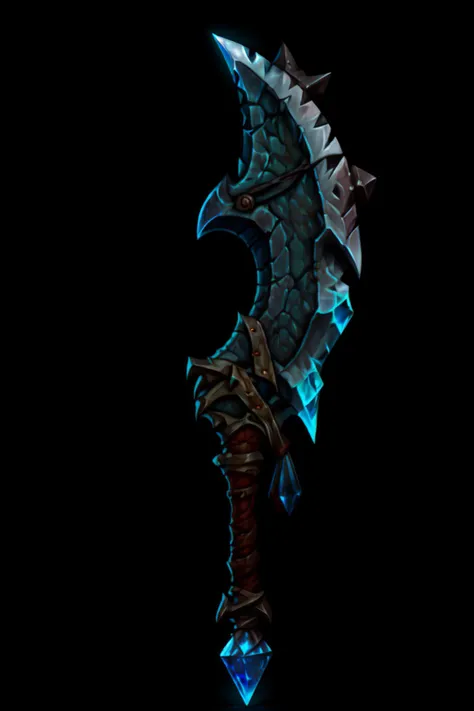 (masterpiece, best quality, ultra-detailed, absurdres), stylized, Illustration,
<lora:Pecha_Swords_LORA_V1.1:0.75>, (axe) with only blade to the right, sharp edge, solid steel, gladiator, fantasy, spikes on edge, glowing, weapon, crystal, epic, primal, cloth on hilt, one-handed, Trending on Artstation, <lora:sxz-wowstyle_v4_50_64:0.35>, WoWstyle,
black background, lr:0.6