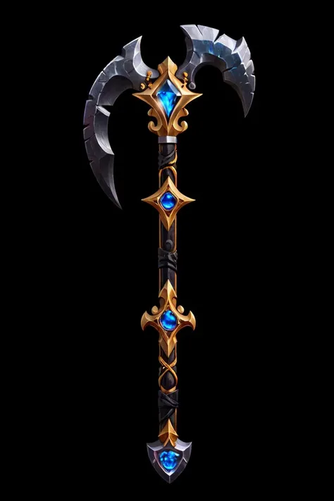 (Black background, no background, focus on object, black, concept art:1.2), The holy wrath, a powerful battle axe wielded by paladins, the axe head is silver with sacred engravings, a golden filigree and oak haft with holy runes, a radiant sapphire gemstone that glows, <lora:Pecha_Swords_LORA_V1.2:0.7> <lora:add_detail:0.3> <lora:hipoly3DModelLora_v10:0.05>