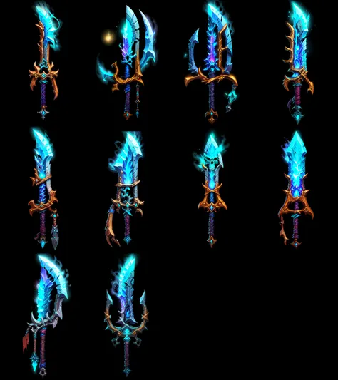 Game Art of cleaver in Painting Comix art style, <lora:Pecha_Swords_LORA_V1.4:0.8>, best quality, Trending on Artstation, masterpiece, blue magical glowing blade, glowing enchantment, BoneyardAI handle, <lora:BoneyardAI:0.4>