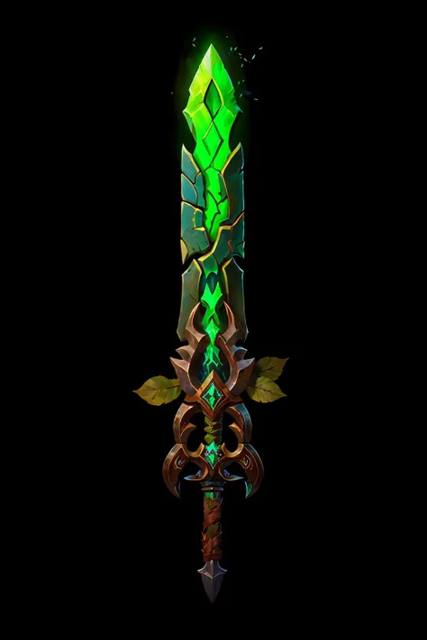 Game Art of sword, <lora:Pecha_Swords_LORA_V1.6:0.8>, best quality, Trending on Artstation, masterpiece, hell, legendary, green and brown, long sword, thick sword, forest theme, (long blade), broadsword grip, big solid cross bottom, leaves and wind aura