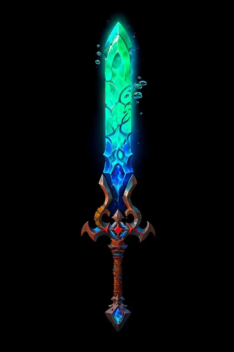 Game Art of sword, <lora:Pecha_Swords_LORA_V1.6:0.8>, best quality, Trending on Artstation, masterpiece, legendary, blue and red, long sword, thick sword, ocean theme, (long blade), broadsword grip, big solid cross bottom, water aura, atlantis