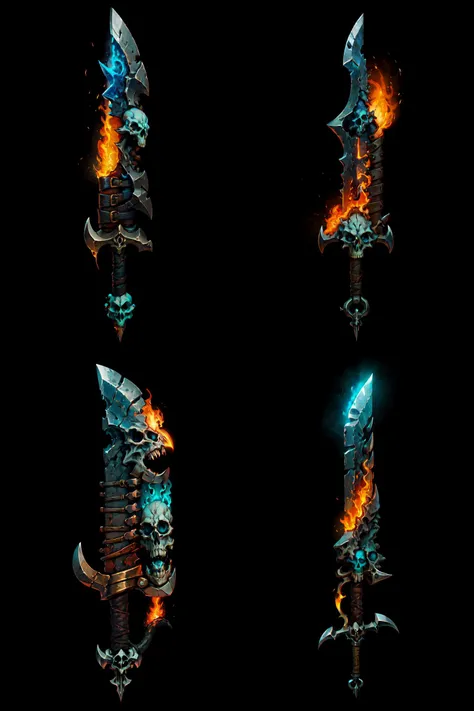 sword, wide flaming cleaver with spikes, handle with skull bracket, <lora:Pecha_Swords:0.7>