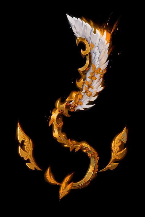 <lora:Pecha_Swords_LORA_V1:1>,best quality, Trending on Artstation, masterpiece, cleaver and angel, straight (angel wings and handle) with bracket,gold foil,gold leaf art