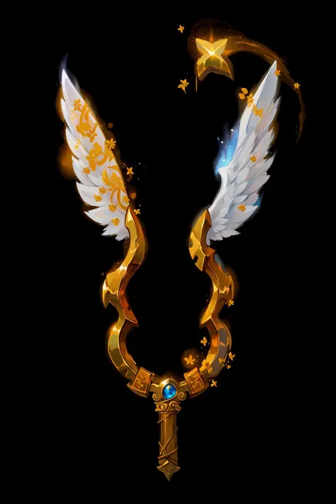 <lora:Pecha_Swords_LORA_V1:1>,best quality, Trending on Artstation, masterpiece, cleaver and angel, straight (angel wings and handle) with bracket,gold foil,gold leaf art,glitter drawing
