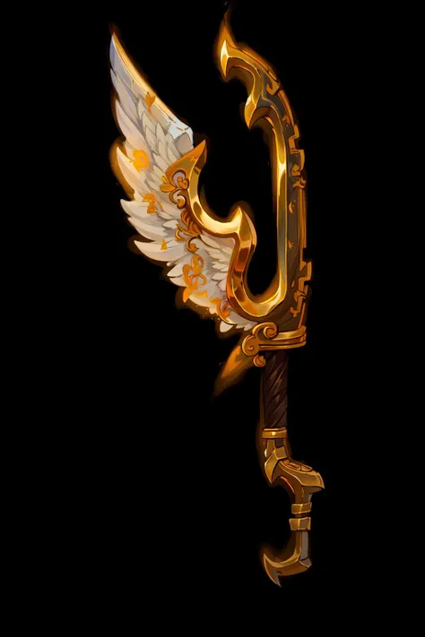 <lora:Pecha_Swords_LORA_V1:1>,best quality, Trending on Artstation, masterpiece, cleaver and angel, straight (angel wings and handle) with bracket,gold foil,gold leaf art