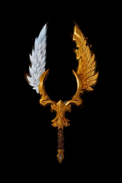 <lora:Pecha_Swords_LORA_V1:1>,best quality, Trending on Artstation, masterpiece, cleaver and angel, straight (angel wings and handle) with bracket,gold foil,gold leaf art