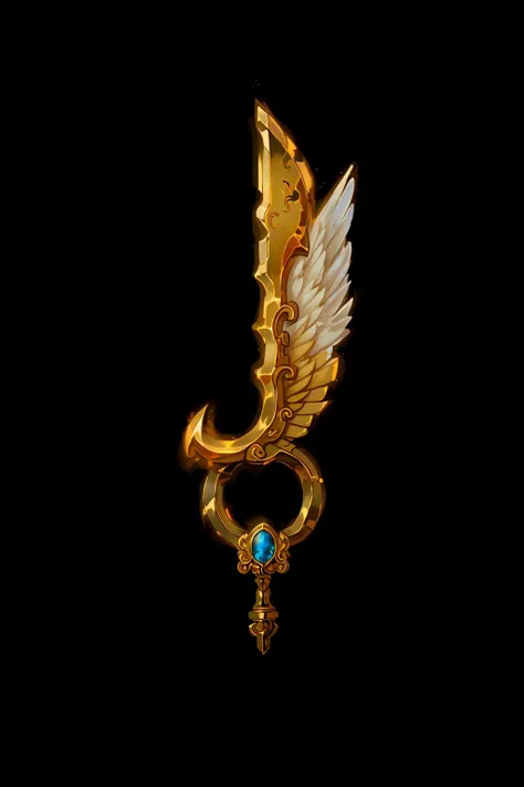 <lora:Pecha_Swords_LORA_V1:1>,best quality, Trending on Artstation, masterpiece, cleaver and angel, straight (angel wings and handle) with bracket,gold foil,gold leaf art