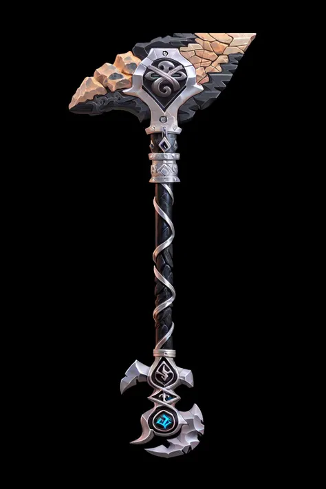 best quality, Trending on Artstation, masterpiece, Game Art of a big axe, <lora:Pecha_Swords_LORA_V1.6:0.7>, legendary, earth theme, long , (axe, silver and black, thick grip:1.4), (big solid bold head top:1.1), sand and rock aura, big and tough, harcule, godlike, (black background)
