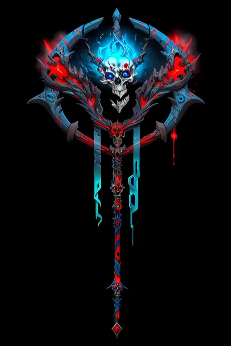 best quality, Trending on Artstation, masterpiece, Game Art of a (magic staff), <lora:Pecha_Swords_LORA_V1.6:0.7>, skull theme, death and skull aura, necromancer theme, blood theme, (long staff, blue and red, thick:1.4), (black background)