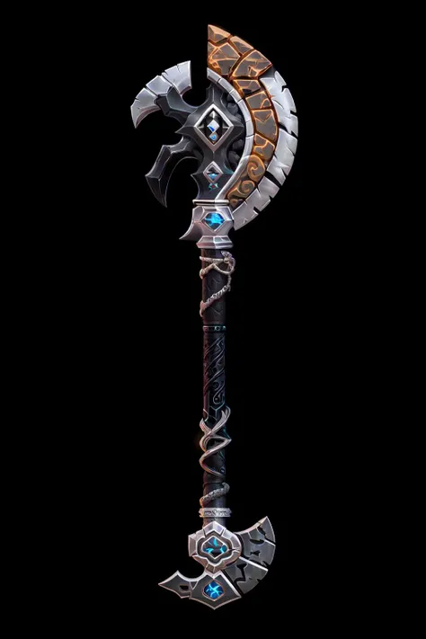 best quality, Trending on Artstation, masterpiece, Game Art of a big axe, <lora:Pecha_Swords_LORA_V1.6:0.7>, legendary, earth theme, long , (axe, silver and black, thick grip:1.4), (big solid bold head top:1.1), sand and rock aura, big and tough, harcule, godlike, (black background)