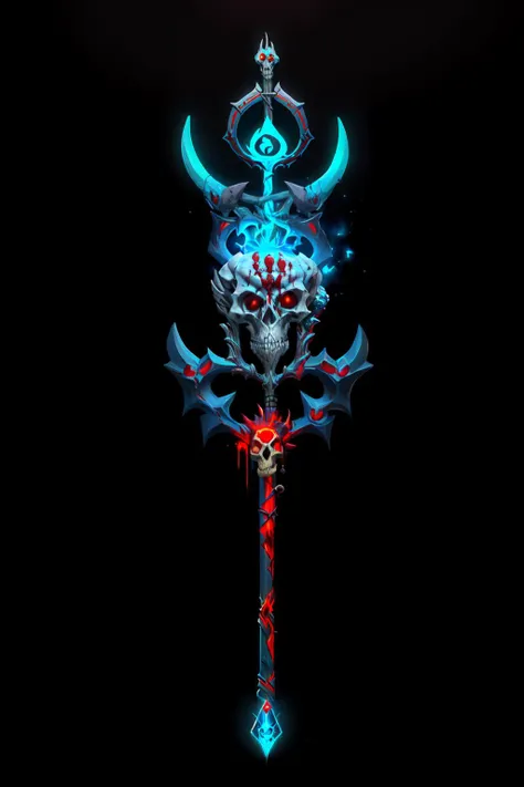 best quality, Trending on Artstation, masterpiece, Game Art of a (magic staff:1.2), <lora:Pecha_Swords_LORA_V1.6:0.5>, skull theme, death and skull aura, necromancer theme, blood theme, (long staff, blue and red, thick:1.4), (thick staff),(black background)