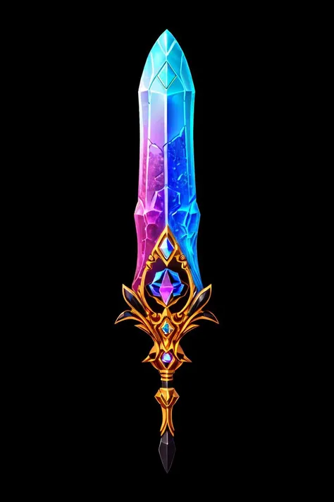 (Black background, no background, focus on object, black, concept art:1.2), game art of a crystal cleaver, (cleaver), gold and iridescent hilt , arcane engravings, kaleidoscope of vibrant colors, made of crystals, <lora:Pecha_Swords_LORA_V1.2:0.7> <lora:add_detail:0.3> <lora:hipoly3DModelLora_v10:0.05>