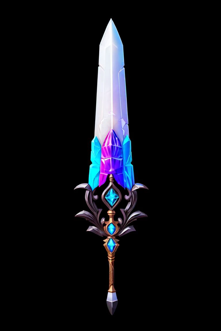 (Black background, no background, focus on object, black, concept art:1.2), game art of a crystal blade, , (sword), ivory and silver hilt , arcane engravings, kaleidoscope of vibrant colors, made of crystals, <lora:Pecha_Swords_LORA_V1.2:0.7> <lora:add_detail:0.3> <lora:hipoly3DModelLora_v10:0.05>