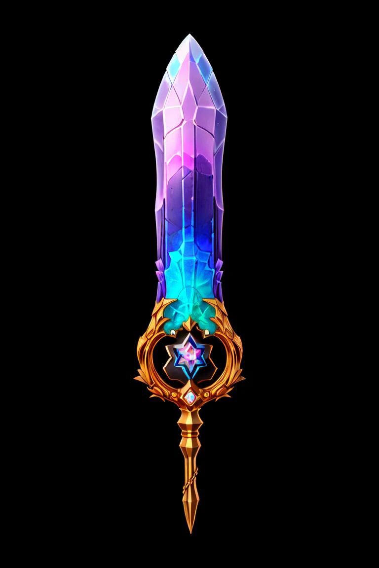 (Black background, no background, focus on object, black, concept art:1.2), game art of a crystal cleaver, (cleaver), gold and iridescent hilt , arcane engravings, kaleidoscope of vibrant colors, made of crystals, <lora:Pecha_Swords_LORA_V1.2:0.7> <lora:add_detail:0.3> <lora:hipoly3DModelLora_v10:0.05>